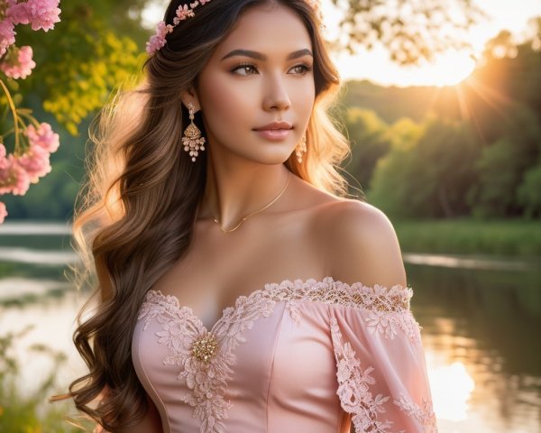 Young woman in pink gown by serene lake with sunlight
