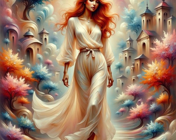 Elegant Woman in Whimsical Colorful Landscape