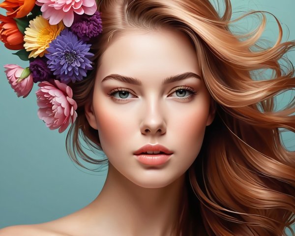 Serene portrait of a woman with floral crown and blue eyes