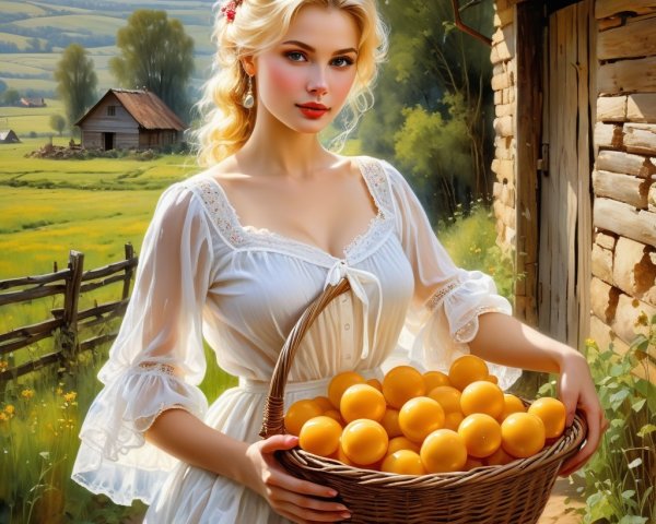 Young woman with oranges by a wooden cottage