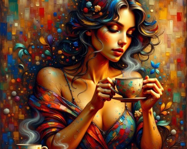 Serene Woman Sipping Tea Amidst Colorful Abstracts