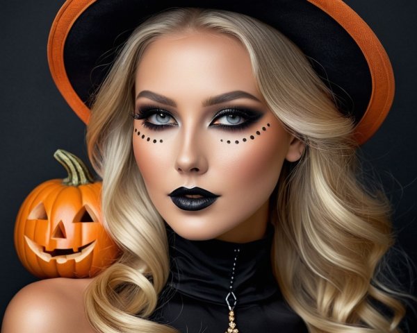 Glamorous Halloween Look with Black Lipstick and Pumpkin