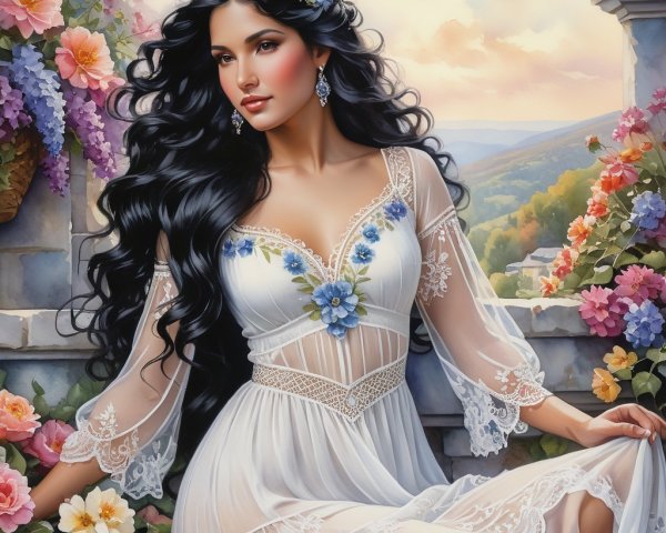 Elegant Woman by Flower-Adorned Stone Window