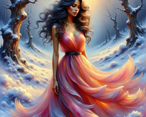 Mysterious Woman in Colorful Gown in Snowy Forest