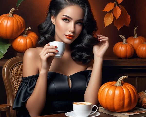 Elegant Woman Surrounded by Autumn Decor and Coffee