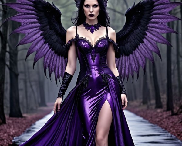 Ethereal figure in dark gown with black wings in forest