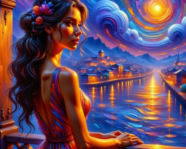Young Woman Overlooks River at Dusk in Vibrant Landscape