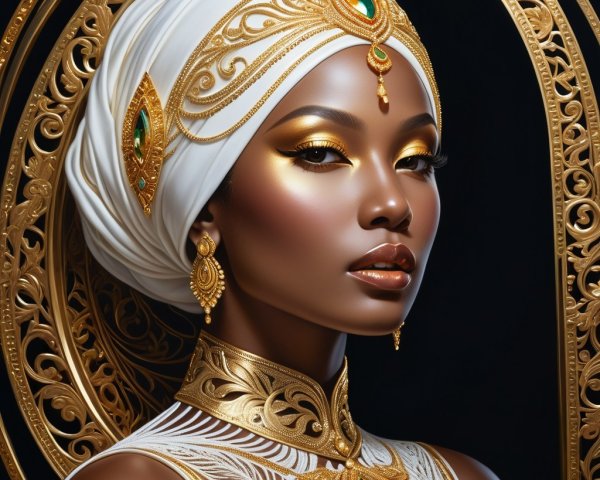 Elegant Woman in Gold Jewelry and White Headscarf