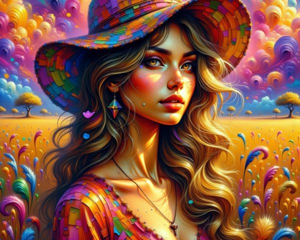Colorful Portrait of Woman in Dreamy Landscape