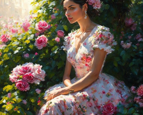 Woman in Floral Dress Surrounded by Vibrant Roses