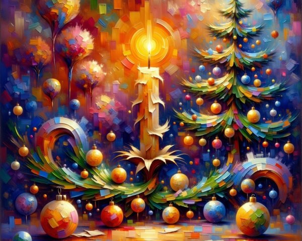 Colorful Christmas Scene with Tree and Ornaments