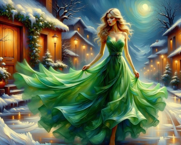 Full Body Portrait of Woman in Green Dress at Night