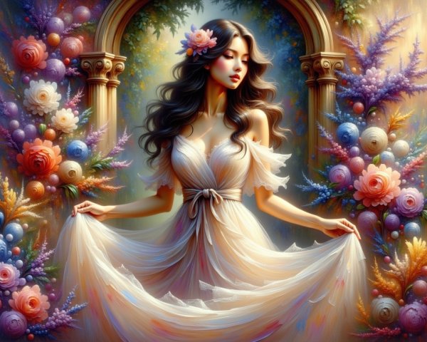 Elegant Woman in Floral Backdrop with Ethereal Gown