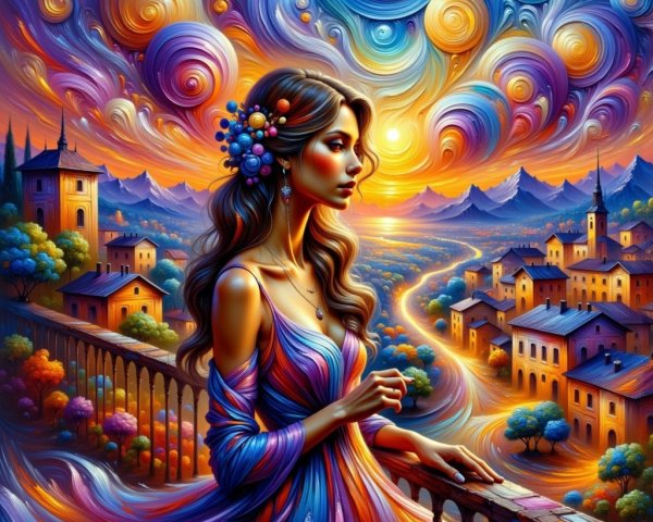 Vibrant Scene of Woman in Dress Against Colorful Sunset