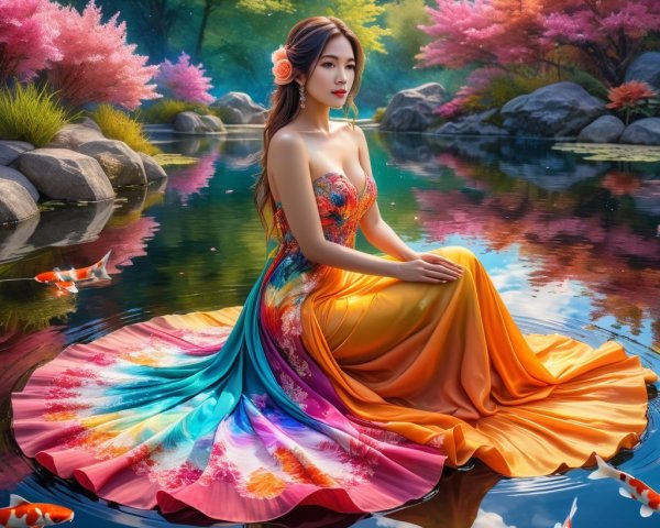 Young Woman in Colorful Dress by Tranquil Pond