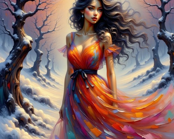 Young Woman in Colorful Dress in Snowy Landscape