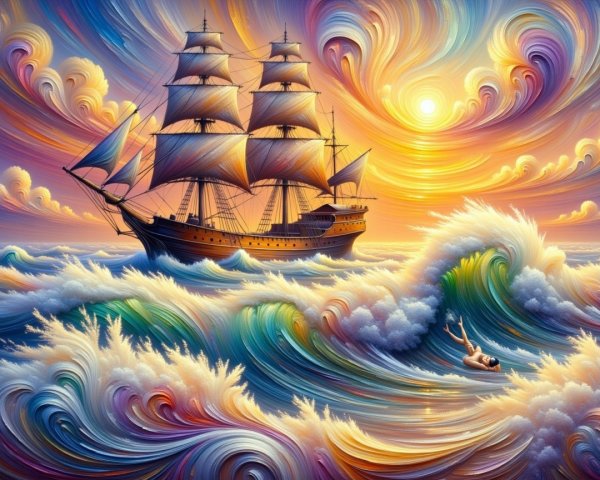 Majestic Ship on a Colorful, Abstract Sea and Sky