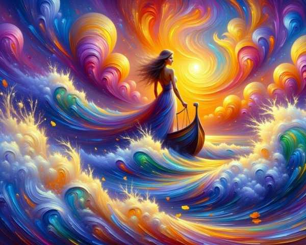 Vibrant Scene of a Figure in a Boat Amid Waves