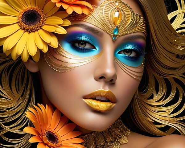 Stunning Woman with Intricate Blue and Gold Face Paint