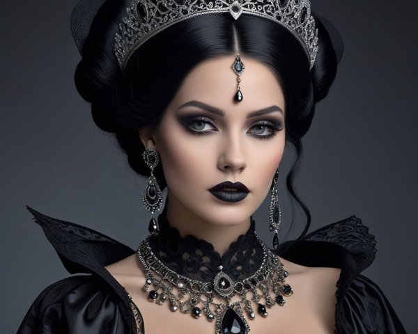 Portrait of a woman in elegant gothic attire with crown
