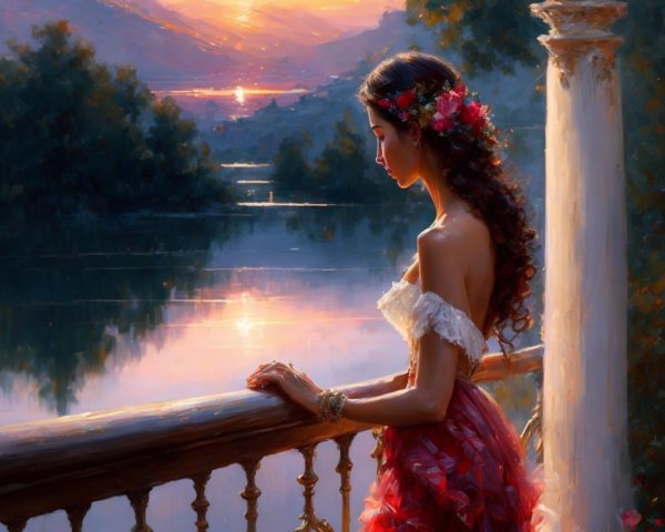Young woman on balcony at sunset by serene waters