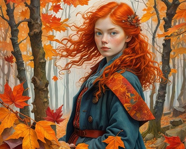Young girl with red hair in autumn forest setting