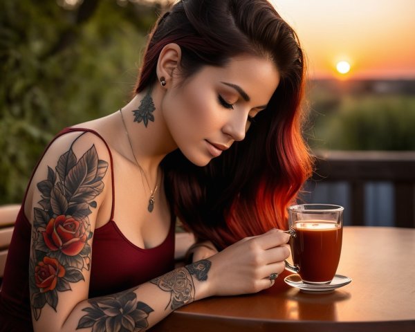 Woman with red hair and tattoos at sunset table