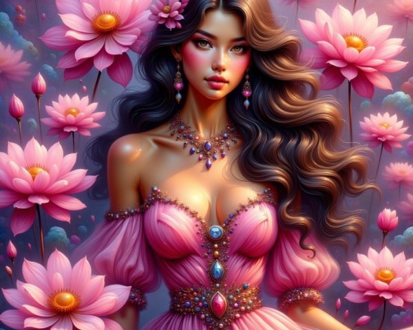 Woman in Pink Gown Surrounded by Lotus Flowers