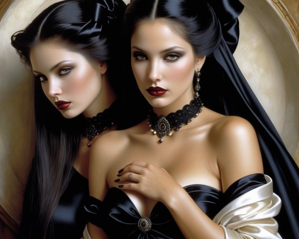 Elegant Women in Dark Gowns with Golden Backdrop