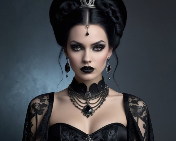 Elegant Woman in Black Attire with Dramatic Makeup