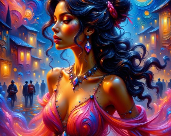 Elegant Woman in Vibrant Fantastical Setting