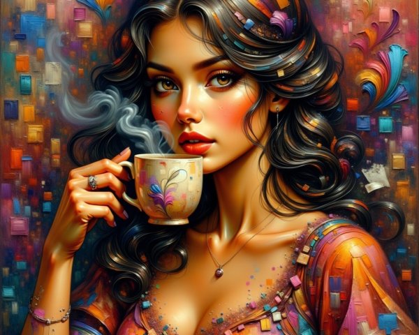 Woman with Cup in Colorful Abstract Background