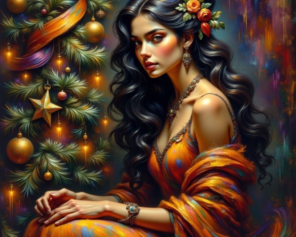 Woman in Colorful Dress by Decorated Christmas Tree