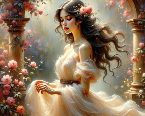 Woman in Ethereal Gown Among Blooming Roses