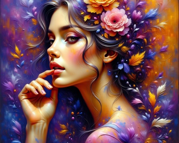 Portrait of a woman with floral hair and vibrant colors