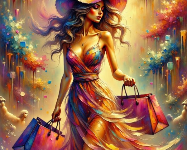 Colorful Illustration of Woman with Shopping Bags