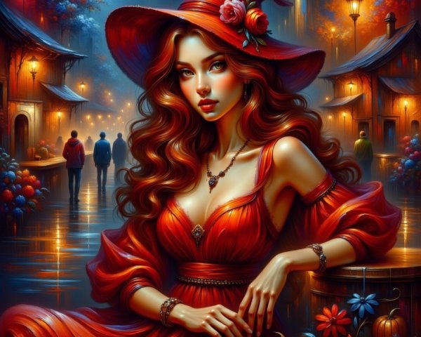 Elegant Woman in Red Dress in Whimsical Twilight Village