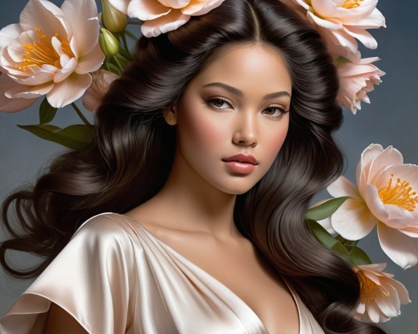 Portrait of a woman with dark hair and peonies