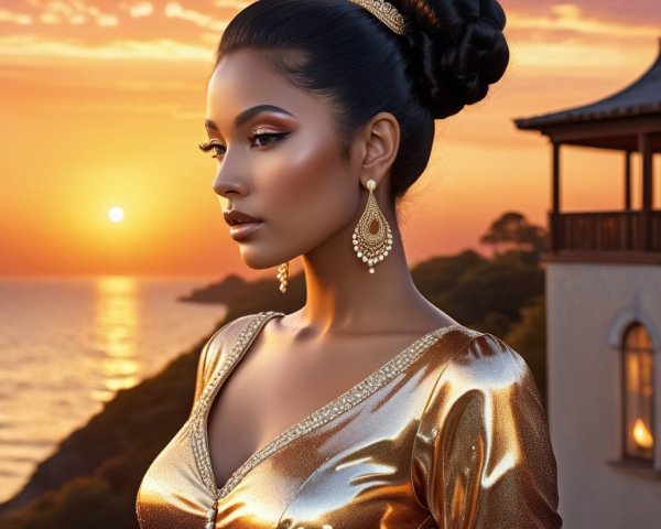 Portrait of a Woman in Gold Dress at Sunset