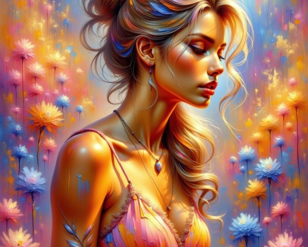 Young woman in vibrant dress with floral background