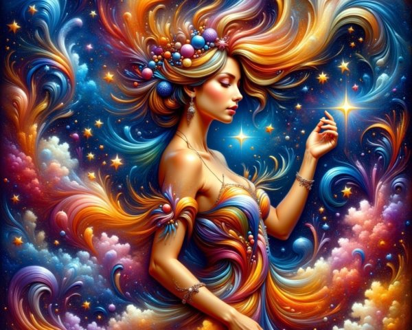 Cosmic Beauty in Ethereal Gown Surrounded by Colorful Swirls