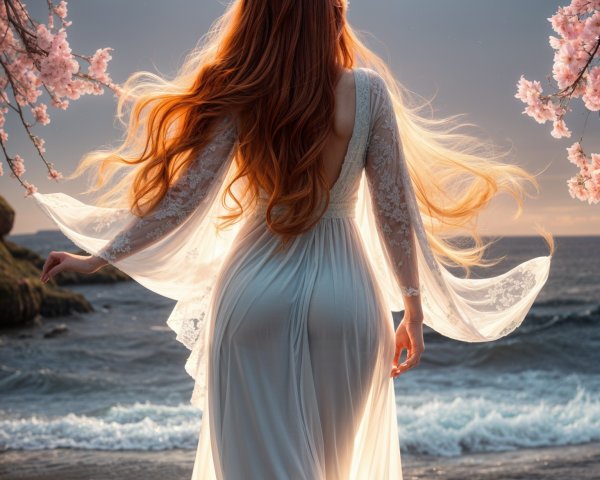 Woman in gown by cherry blossoms and ocean waves