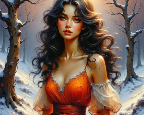 Young Woman in Elegant Dress in Snowy Forest