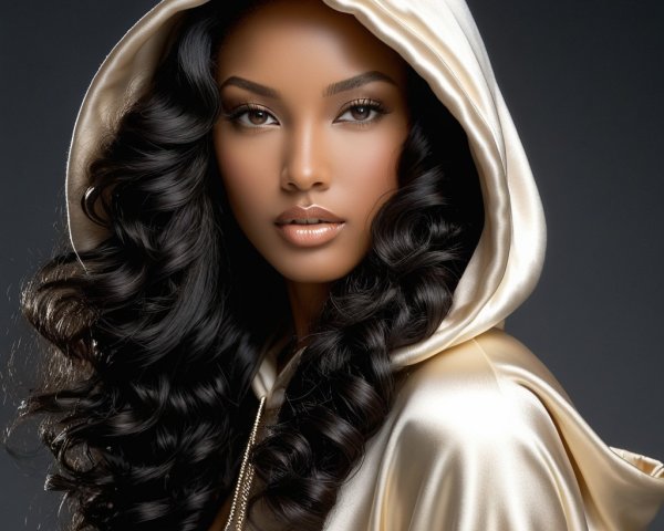 Portrait of a Woman in Gold Satin Hoodie with Curls