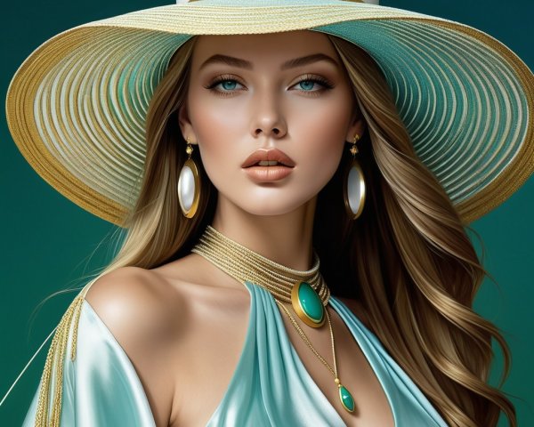 Elegant Woman in Wide-Brimmed Hat and Statement Jewelry