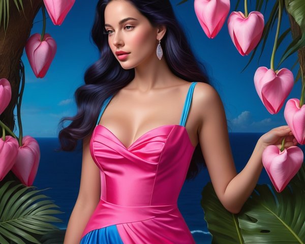 Woman in pink dress among tropical foliage and ocean