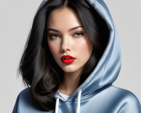 Young woman in light blue hoodie with bold features