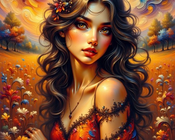 Woman in Floral Dress Surrounded by Sunset Flowers