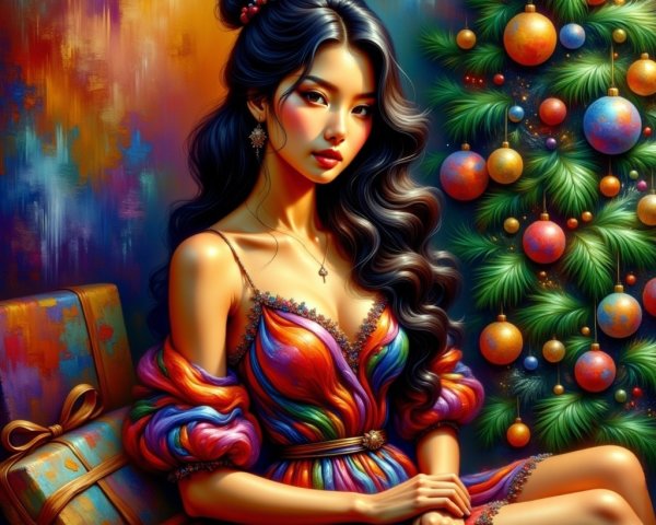 Elegant Woman by a Decorated Christmas Tree