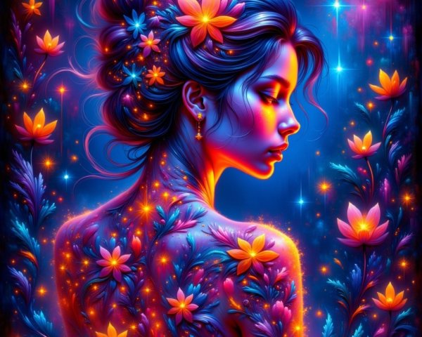 Neon Portrait of Woman with Floral Tattoos and Light